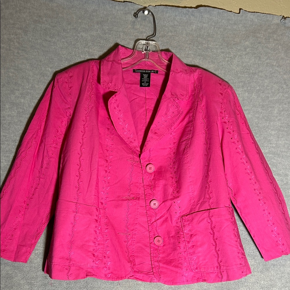 PIERRE CARDIN Y2K Naturalist Coquette Eyelet Embroidery Lined Cotton Jacket - Picture 3 of 16